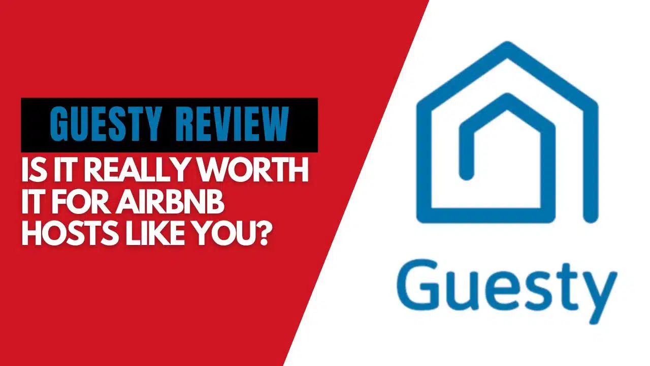 Guesty Review: Is It Really Worth It for Airbnb Hosts Like You? - Red and white background featuring the Guesty logo on the right side.