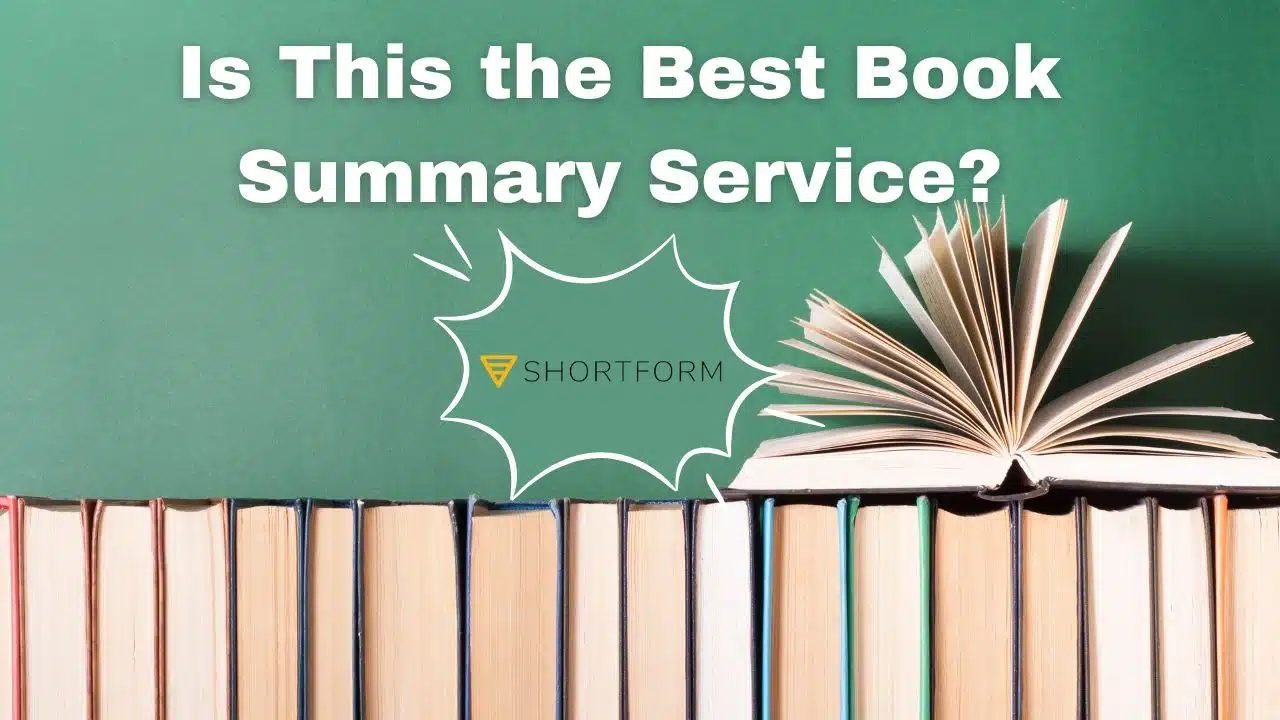 Stack of colorful books with an open book on top, alongside the words 'Is This the Best Book Summary Service?' and the Shortform logo.