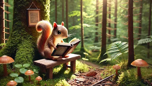 A squirrel sitting on a bench in a forest, reading a book.